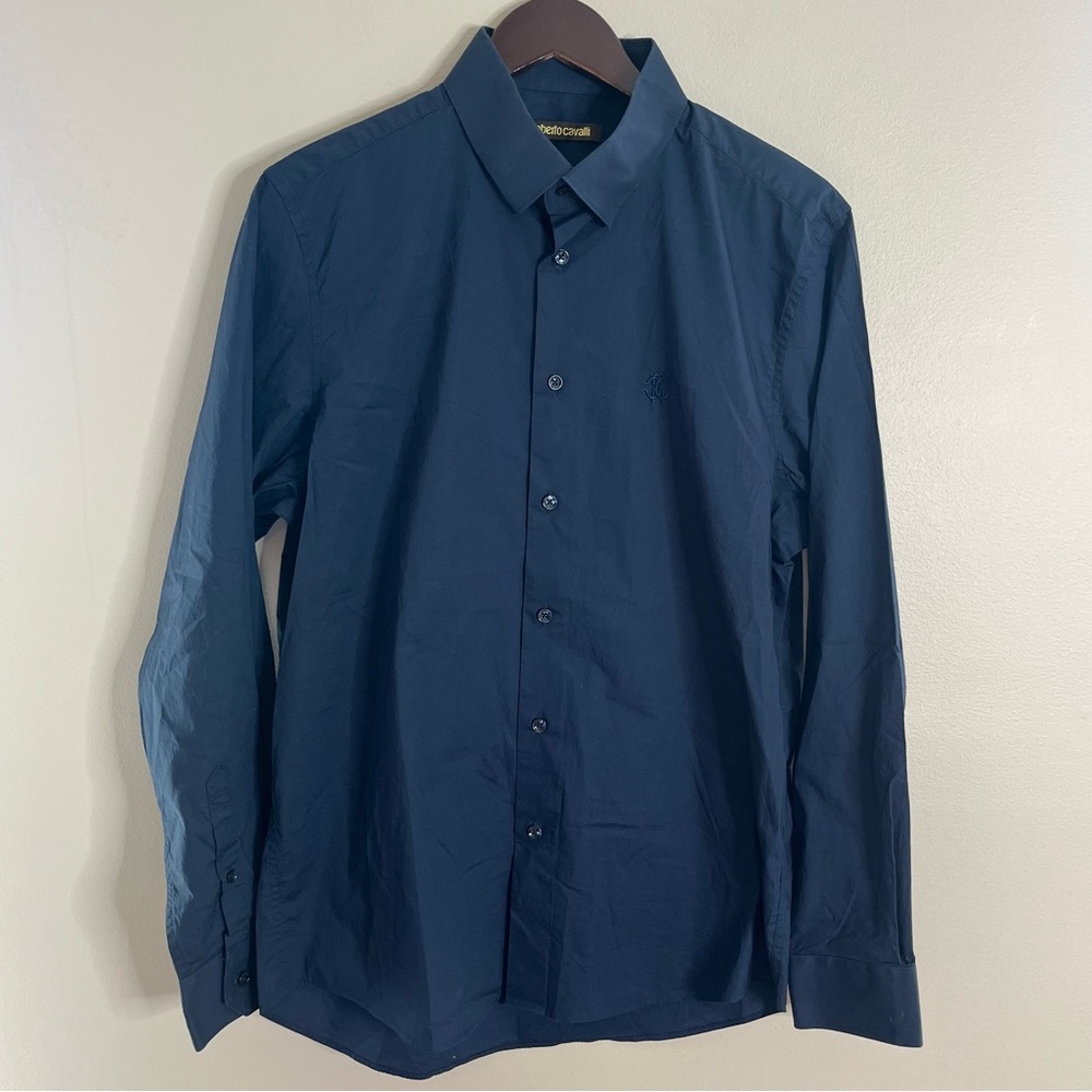 Roberto Cavalli Size Large Navy Cotton Stretch Button Down Shirt